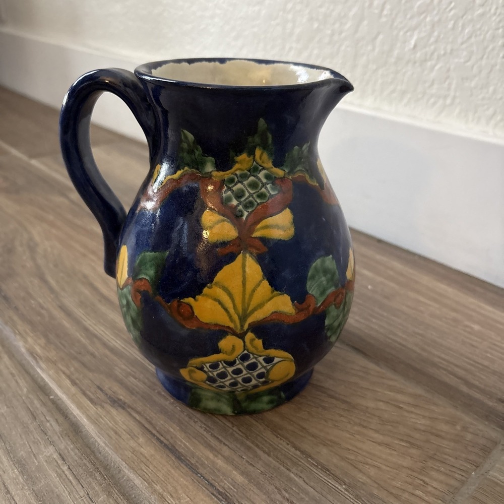 Vintage Talavera Amora Mexican Hand Painted Blue Pitcher 6.5"